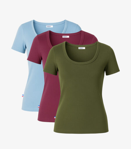 Nylae Ribbed Women's T-Shirt Set – Pack of 3 (Sky Blue / Wine Red / Khaki)